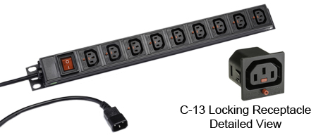 <font color="red">LOCKING </font> IEC 60320 C-13 C-14, 10A-250V PDU POWER STRIP, 9 IEC 60320 <font color="red">LOCKING C-13 POWER OUTLETS </font>, C-14 POWER PLUG WITH 3.0 METER (9FT-10IN) CORD, "19 IN." VERTICAL RACK OR SURFACE MOUNT, (1U) METAL ENCLOSURE, ON/OFF DOUBLE POLE ILLUMINATED SWITCH, 2 POLE 3 WIRE GROUNDING (2P+E). BLACK.

<br><font color="yellow">Notes: </font> 
<br><font color="yellow">*</font> Locking C13 receptacles designed to securely lock onto all C14 plugs, C14 power cords.
<br><font color="yellow">*</font> Operating temp. = -10�C to +60�C.
<br><font color="yellow">*</font> Storage temp. = -25�C to +65�C.
<br><font color="yellow">*</font> Press in and hold down the <font color=Red>red button</font> until the C-14 plug is fully seated in the C-13 locking outlet, then release the button. This procedure locks in the C-14 plug. Push in and hold the red button to unlock the C-14 plug.
<br><font color="yellow">*</font> </font><font color="RED"> IEC 60320 Integrated Component Locking System:</font> IEC 60320 C-13 locking power strip, locking power cords and locking power outlets (NEMA L5-15, L6-15, L5-20, L6-20, L5-30, L6-30 and IEC 60309 (6h) (4h) type) can be combined in a system wide configuration of integrated locking components that prevent accidental disconnects. Call application specialist for details.
<br><font color="yellow">*</font> C-13, C-14 locking power cords, locking outlet strips are listed below in related products. Scroll down to view.