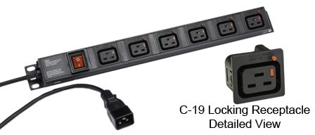 <font color="RED">LOCKING </font> IEC 60320 C-19, C-20, 16 AMPERE-250 VOLT, 6 OUTLET PDU POWER STRIP, <font color="RED"> LOCKING C-19 POWER OUTLETS</font>, C-20 POWER PLUG WITH 3.0 METER (9FT-10IN) CORD, "19 IN." VERTICAL RACK OR SURFACE MOUNT, (1U) METAL ENCLOSURE, ON/OFF DOUBLE POLE ILLUMINATED SWITCH, 2 POLE-3 WIRE GROUNDING (2P+E). BLACK.

<br><font color="yellow">Notes: </font> 
<br><font color="yellow">*</font> Operating temp. = -10�C to +60�C.
<br><font color="yellow">*</font> Storage temp. = -25�C to +65�C.
<br><font color="yellow">*</font> Press in and hold down the <font color=Red>red button</font> until the C-20 plug is fully seated in the C-19 locking outlet, then release the button. This procedure locks in the C-20 plug. Push in and hold the red button to unlock the C-20 plug.
<br><font color="yellow">*</font> <font color="RED"> IEC 60320 Integrated Component Locking System:</font> IEC 60320 C-19 locking power strip and locking power cords when connected with #57103-LK panel mount power outlet provides a system wide configuration of integrated locking components that prevent accidental disconnects. Call application specialist for details.
<br><font color="yellow">*</font> C-19, C-20 locking  power cords, locking outlet strips, locking C-19 panel mount outlets are listed below in related products. Scroll down to view.











 