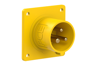 PCE 6139-4, STRAIGHT INLET (56mmX56mm MOUNTING), 16A/20A-120V, SPLASHPROOF IP44, 4h, 2P3W, YELLOW.
<br>PIN & SLEEVE PANEL MOUNT INLET. cULus Approved. Conformity Standards, UL 1682, UL 1686, IEC 60309-1, IEC 60309-2, CSA C22.2 182.1, CEE, EN 60309-1, EN 60309-2.

<br><font color="yellow">Notes: </font>
<br><font color="yellow">*</font> 6139-4 has internal wiring polarity orientation designed for use in North America and therefore is C(UL)US approved. If point of use for this product is outside North America use our 999 series pin and sleeve devices which meet approvals and polarity requirements for European countries. <a href="https://internationalconfig.com/icc6.asp?item=999-6134-NS" style="text-decoration: none">999 Series Link</a>
<br><font color="yellow">*</font> View "Dimensional Data Sheet" for extended product detail specifications and device measurement drawing.
<br><font color="yellow">*</font> View "Associated Products 1" for general overview of devices within this product category.
<br><font color="yellow">*</font> View "Associated Products 2" to download IEC 60309 Pin & Sleeve Brochure containing the complete cULus listed range of pin & sleeve devices.
<br><font color="yellow">*</font> Select mating IEC 60309 IP44 splashproof and IP67 watertight devices individually listed below under related products. Scroll down to view.