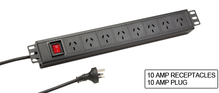 AUSTRALIA, NEW ZEALAND 10 AMPS 220-240V (AU1-10R) 8 OUTLET PDU POWER STRIP, 50/60 HZ, METAL ENCLOSURE, 19" HORIZONTAL RACK MOUNT, 1.5U SIZE, ILLUMINATED DOUBLE POLE SWITCH, 2 POLE-3 WIRE GROUNDING (2P+E), 2.5 METER (8FT-2IN) CORD WITH 10A-250V (AU1-10R) PLUG. BLACK    <br><font color="yellow">Notes: </font>   <br><font color="yellow">*</font><b> Outlets accept 10 Amp. Australia, New Zealand plugs.</b></font>  <br><font color="yellow">*</font> Operating temp. = -10C to +60C.  <br><font color="yellow">*</font> Storage temp. = -25C to +65C.  <br><font color="yellow">*</font> Australia / New Zealand plugs, outlets, power cords, connectors, outlet strips, GFCI sockets listed below in related products. Scroll down to view.