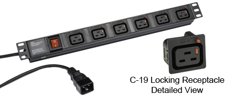 <font color="RED">LOCKING </font> IEC 60320 C-19, C-20, 16 AMPERE-250 VOLT, 6 OUTLET PDU POWER STRIP, <font color="RED"> LOCKING C-19 POWER OUTLETS</font>, C-20 POWER PLUG WITH 3.0 METER (9FT-10IN) CORD, "19 IN." HORIZONTAL RACK MOUNT, (1U) METAL ENCLOSURE, ON/OFF DOUBLE POLE ILLUMINATED SWITCH, 2 POLE-3 WIRE GROUNDING (2P+E). BLACK.

<br><font color="yellow">Notes: </font> 
<br><font color="yellow">*</font> Operating temp. = -10�C to +60�C.
<br><font color="yellow">*</font> Storage temp. = -25�C to +65�C.
<br><font color="yellow">*</font> Press in and hold down the <font color=Red>red button</font> until the C-20 plug is fully seated in the C-19 locking outlet, then release the button. This procedure locks in the C-20 plug. Push in and hold the red button to unlock the C-20 plug.
<br><font color="yellow">*</font> <font color="RED"> IEC 60320 Integrated Component Locking System:</font> IEC 60320 C-19 locking power strip and locking power cords when connected with #57103-LK panel mount power outlet provides a system wide configuration of integrated locking components that prevent accidental disconnects. Call application specialist for details.
<br><font color="yellow">*</font> C-19, C-20 locking  power cords, locking outlet strips, locking C-19 panel mount outlets are listed below in related products. Scroll down to view.


