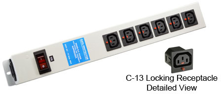 <font color="red">LOCKING </font> IEC 60320 C-13 C-14 PDU POWER STRIP, 6 IEC 60320 <font color="red">LOCKING C-13 POWER OUTLETS </font>, 10 AMPERE 230 VOLT, VERTICAL RACK / SURFACE MOUNT, METAL ENCLOSURE, R.F. FILTER, SURGE PROTECTION (140 JOULES), ILLUMINATED 10 AMPERE DOUBLE POLE CIRCUIT BREAKER, 2 POLE-3 WIRE GROUNDING (2P+E), IEC 60320 C-14 POWER INLET, GRAY.

<br><font color="yellow">Notes: </font> 
<br><font color="yellow">*</font> Locking C13 receptacles designed to securely lock onto all C14 plugs, C14 power cords.
<br><font color="yellow">*</font> Press in and hold down the <font color=Red>red button</font> until the C-14 plug is fully seated in the C-13 locking outlet, then release the button. This procedure locks in the C-14 plug. Push in and hold the red button to unlock the C-14 plug.
<br><font color="yellow">*</font> </font><font color="RED"> IEC 60320 Integrated Component Locking System:</font> IEC 60320 C-13 locking power strip, locking power cords and locking power outlets (NEMA L5-15, L6-15, L5-20, L6-20, L5-30, L6-30 and IEC 60309 (6h) (4h) type) can be combined in a system wide configuration of integrated locking components that prevent accidental disconnects. Call application specialist for details.
