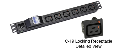 <font color="RED">LOCKING </font> IEC 60320 C-19 C-20, 16A-250V PDU POWER STRIP, 6 IEC 60320 <font color="RED"> LOCKING C-19 POWER OUTLETS</font>, IEC 60320 C-20 POWER INLET, "19 IN." HORIZONTAL RACK MOUNT, (1U) METAL ENCLOSURE, 16 AMP. DOUBLE POLE CIRCUIT BREAKER, 2 POLE-3 WIRE GROUNDING (2P+E). BLACK.

<br><font color="yellow">Notes: </font> 
<br><font color="yellow">*</font> Locking C19 receptacles designed to securely lock onto all C20 plugs, C20 power cords.
<br><font color="yellow">*</font> Operating temp. = -10�C to +60�C.
<br><font color="yellow">*</font> Storage temp. = -25�C to +65�C.
<br><font color="yellow">*</font> Press in and hold down the <font color=Red>red button</font> until the C-20 plug is fully seated in the C-19 locking outlet, then release the button. This procedure locks in the C-20 plug. Push in and hold down the red button to unlock the C-20 plug.
<br><font color="yellow">*</font> <font color="RED"> IEC 60320 Integrated Component Locking System:</font> IEC 60320 C-19 locking power strip, locking power cords and locking power outlets (NEMA L5-15, L6-15, L5-20, L6-20, L5-30, L6-30 and IEC 60309 (6h)(4h) type) can be combined in a system wide configuration of integrated locking components that prevent accidental disconnects. Call application specialist for details.
<br><font color="yellow">*</font> C-19, C-20 locking power cords, locking outlet strips, locking C-19 panel mount outlets are listed below in related products. Scroll down to view.



  
 