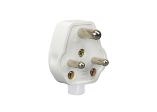 INDIA PLUG, 6 AMPERE-250 VOLT, IS 1293:2005 <font color="yellow"> TYPE D </font> (IN2-6P), REWIREABLE ANGLE PLUG, 2 POLE-3 WIRE GROUNDING (2P+E), MAX. CORD O.D. = 0.354" (9mm). WHITE.

<br><font color="yellow">Notes: </font> 
<br><font color="yellow">*</font> ISI mark, BIS approved.
<br><font color="yellow">Notes: </font> 
<br><font color="yellow">*</font> Connects with India, South Africa <font color="yellow"> TYPE D </font> 5A/6A-250V outlets.
<br><font color="yellow">*</font> Power cords, plugs, outlets, GFCI/RCD sockets, PDU power strips, plug adapters listed below. Scroll down to view.



 