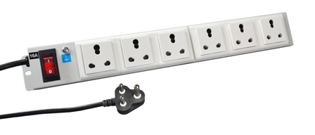 INDIA PDU POWER STRIP, 6 COMBINATION <font color="yellow">TYPE M, 16A-250V </font> (IN1-16R ), <font color="yellow">TYPE D 6A-250V </font> (IN2-6R) IS 1293:2005 OUTLETS, SHUTTERED CONTACTS, METAL ENCLOSURE, 19" VERTICAL RACK / SURFACE MOUNT, ILLUMINATED 16 AMP. DOUBLE POLE CIRCUIT BREAKER, 2 POLE-3 WIRE GROUNDING, (2P+E),2.0 METER (6FT-7IN) CORD <font color="yellow">16A-250V TYPE M POWER PLUG</font>. GRAY.

<BR> <font color="yellow"> Notes:</font>
<BR><font color="yellow">*</font> ISI mark, BIS approved outlets. Outlets factory tested @ 25A-250V.
<BR><font color="yellow">*</font> Outlets accept <font color="yellow">16A-250V Type M, 5A/6A-250V Type D plugs.  
</font>
<BR><font color="yellow">*</font> Operating temp. = 0�C to +60�C.
<BR><font color="yellow">*</font> Storage temp. = -10�C to +70�C.
<BR><font color="yellow">*</font> Power cords, plugs, outlets, GFCI/RCD sockets, plug adapters listed below. Scroll down to view.

 
 