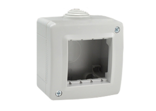 SURFACE MOUNT 2 GANG INSULATED MODULAR DEVICE WALL BOX, IP40 RATED. ACCEPTS 45mmX45mm, 22.5mmX45mm MODULAR SIZE DEVICES. GRAY.

<br><font color="yellow">Notes: </font>
<BR><font color="yellow">*</font> View European, British, International Outlets / Switches. <a href="https://www.internationalconfig.com/modular_electrical_devices.asp" style="text-decoration: none">[ Entire Modular Device Series ]</a> 
<br><font color="yellow">*</font> Box has two knockouts and one membrane gland cable entry.
