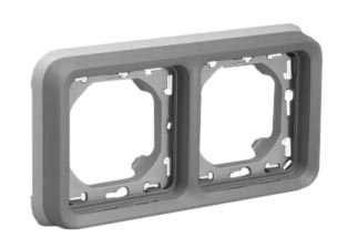 PANEL MOUNT OR WALL BOX MOUNT, HORIZONTAL TWO GANG MODULAR DEVICE FRAME, IP55 RATED. GRAY.

<br><font color="yellow">Notes: </font> 

<br><font color="yellow">*</font> Mounting frame accepts 22.5mmX45mm & 45mmX45mm modular size devices.

<br><font color="yellow">*</font> Mounts on 60mm (60.3mm) centers. View # 77190-D wall box.
 
 <BR><font color="yellow">*</font> View European, British, International Outlets / Switches. <a href="https://www.internationalconfig.com/modular_electrical_devices.asp" style="text-decoration: none">[ Entire Modular Device Series ]</a>

<BR><font color="yellow">*</font> View IP20 Rated Cover / Mounting Frame. <a href="https://internationalconfig.com/icc6.asp?item=69582X45" style="text-decoration: none"> [ IP20 Device Cover ]</a> 
  
<BR><font color="yellow">*</font> View IP55 Rated Weatherproof Cover / Mounting Frame. <a href="https://internationalconfig.com/icc6.asp?item=69580X45" style="text-decoration: none"> [ IP55 Device Cover ]</a>

<br><font color="yellow">*</font> For IP55 Weatherproof applications: Use two # 69580X45 lift lid weatherproof covers with # 69683X45.
<br><font color="yellow">*</font> For IP20 applications: Use two # 69582X45 covers with # 69683X45.  