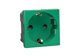 EUROPEAN SCHUKO 16 AMPERE-250 VOLT MODULAR OUTLET CEE 7/3 TYPE F, (EU1-16R), 45mmX45mm SIZE, SHUTTERED CONTACTS, 2 POLE-3 WIRE GROUNDING (2P+E). GREEN.

<br><font color="yellow">Notes: </font>  
<br><font color="yellow">*</font> Mounts on American 2X4 wall boxes, requires frame # 79120X45-N & # 79130X45-N wall plate (White, Black, ALU, SS). 
<br> <font color="yellow">*</font> Mounts on American 4X4 wall boxes, requires frame # 79210X45-N & # 79220X45-N wall plate (White, SS).<br><font color="yellow">*</font> Mounts on European wall boxes (60mm on center), requires frame # 79250X45-N & wall plate # 79265X45-N.
<br><font color="yellow">*</font> Surface mount insulated wall boxes # 680602X45 series. Surface mount Metal wall boxes # 79235X45 series.
<br><font color="yellow">*</font> Surface mount weatherproof, IP66 rated. Requires frame # 730092X45 & # 74790X45 wall box.
<br><font color="yellow">*</font> Panel mount frames # 79100X45, # 79100X45-ALU. DIN rail mount Frame # 79595X45. <a href="https://www.internationalconfig.com/catalog_pages/pg94.pdf" style="text-decoration: none" target="_blank"> Panel Mount Instruction Guide</a>
<br><font color="yellow">*</font> Complete range of modular devices and mounting component options. <a href="https://www.internationalconfig.com/modular_electrical_devices.asp" style="text-decoration: none">Modular Devices Link</a>
 <br><font color="yellow">*</font> Wall plates, boxes, outlets, switches, modular GFCI/RCD and circuit breakers are listed below. Scroll down to view.
