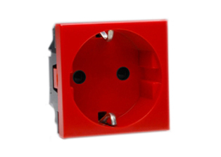 EUROPEAN SCHUKO 16 AMPERE-250 VOLT MODULAR OUTLET CEE 7/3 TYPE F, (EU1-16R), 45mmX45mm SIZE, SHUTTERED CONTACTS, 2 POLE-3 WIRE GROUNDING (2P+E). RED.

<br><font color="yellow">Notes: </font>  
<br><font color="yellow">*</font> Mounts on American 2X4 wall boxes, requires frame # 79120X45-N & # 79130X45-N wall plate (White, Black, ALU, SS). 
<br> <font color="yellow">*</font> Mounts on American 4X4 wall boxes, requires frame # 79210X45-N & # 79220X45-N wall plate (White, SS).<br><font color="yellow">*</font> Mounts on European wall boxes (60mm on center), requires frame # 79250X45-N & wall plate # 79265X45-N.
<br><font color="yellow">*</font> Surface mount insulated wall boxes # 680602X45 series. Surface mount Metal wall boxes # 79235X45 series.
<br><font color="yellow">*</font> Surface mount weatherproof, IP66 rated. Requires frame # 730092X45 & # 74790X45 wall box.
<br><font color="yellow">*</font> Panel mount frames # 79100X45, # 79100X45-ALU. DIN rail mount Frame # 79595X45. <a href="https://www.internationalconfig.com/catalog_pages/pg94.pdf" style="text-decoration: none" target="_blank"> Panel Mount Instruction Guide</a>
<br><font color="yellow">*</font> Complete range of modular devices and mounting component options. <a href="https://www.internationalconfig.com/modular_electrical_devices.asp" style="text-decoration: none">Modular Devices Link</a>
 <br><font color="yellow">*</font> Wall plates, boxes, outlets, switches, modular GFCI/RCD and circuit breakers are listed below. Scroll down to view.
