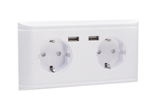 EUROPEAN "SCHUKO" 16 AMPERE-250 VOLT CEE 7/3 TYPE F DUPLEX OUTLET (EU1-16R), SHUTTERED CONTACTS, TWO USB PORTS, PANEL OR WALL BOX MOUNT. WHITE. 

<br><font color="yellow">Notes: </font> 
<br><font color="yellow">*</font> For European wall box mount applications = view #77190-D.
<br><font color="yellow">*</font> For American 2x4 wall box mount applications = view #70114-S-USB.