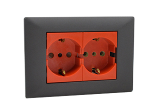 EUROPEAN SCHUKO, ITALY, CHILE, 16A-250V CEE 7/3 DUPLEX OUTLET, TYPE E, F, L (EU1-16R / IT1-10R), SHUTTERED CONTACTS, WALL BOX, PANEL MOUNT, 2 POLE-3 WIRE GROUNDING (2P+E). DARK GRAY / RED. 

<br><font color="yellow">Notes: </font> 
<br><font color="yellow">*</font> Mounts on American 2x4 wall boxes or panel mount.


<BR><font color="yellow">*</font> Weatherproof IP 55 Version: Requires ONE # 84202-WP & TWO # 84211-A outlets (White). Options: Red, Dark Gray.


<br><font color="yellow">*</font> Outlet accepts European Type C, E, F, CEE 7, CEE 7/4, CEE 7/7 Plugs, Europlug & Italy, Chile, Type L 10A-250V Plugs.
<br><font color="yellow">*</font> Outlet terminal screws torque = 0.5Nm.
<br><font color="yellow">*</font> European Outlets, RCBO/RCD Sockets, Plugs, PDU Strips, Power Cords listed below. Scroll down to view.


