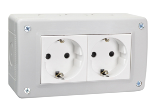 EUROPEAN SCHUKO CEE 7/3 TYPE F (EU1-16R) 16 AMPERE-250 VOLT SURFACE MOUNT DUPLEX OUTLET, SHUTTERED CONTACTS, 2 POLE-3 WIRE GROUNDING (2P+E). WHITE OUTLET, GREY ENCLOSURE.

<br><font color="yellow">Notes: </font> 
<br><font color="yellow">*</font> European Schuko connectors, plugs, inlets, outlets, GFCI/RCD sockets, power strips, power cords, plug adapters listed below in related products. Scroll down to view.