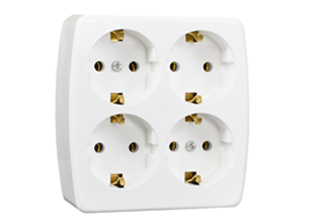 EUROPEAN SCHUKO 16A-250V SURFACE MOUNT QUAD OUTLET, IP20, CEE 7/3 TYPE F OUTLET, 2 POLE-3 WIRE GROUNDING (2P+E). WHITE.

<br><font color="yellow">Notes: </font> 

<br><font color="yellow">*</font> Outlet has cord grip / strain relief for extension cord applications. Requires European 16A-250V power cord.</font> <a href="https://internationalconfig.com/icc6.asp?item=81070" style="text-decoration: none">Power Cords Link</a>

<br><font color="yellow">*</font> Surface mount applications require fixing centers. View print for details.

<br><font color="yellow">*</font> Temperature Range: -5�C to +40�C.
<br><font color="yellow">*</font> Material: Cover = Polypropylene, Base = Urea Resin

<br> <font color="yellow">*</font> Screw Torque: L + N + E Terminals & Cover = 0.4Nm, Internal Cord Clamp = 0.8Nm. 
 

<br><font color="yellow">*</font> European Schuko connectors, plugs, inlets, outlets, GFCI/RCD sockets, power strips, power cords, plug adapters listed below. Scroll down to view.