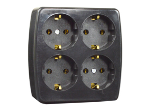 EUROPEAN SCHUKO 16A-250V SURFACE MOUNT QUAD OUTLET, IP20, CEE 7/3 TYPE F OUTLET, 2 POLE-3 WIRE GROUNDING (2P+E). BLACK.

<br><font color="yellow">Notes: </font> 

<br><font color="yellow">*</font> Outlet has cord grip / strain relief for extension cord applications. Requires European 16A-250V power cord.</font> <a href="https://internationalconfig.com/icc6.asp?item=81070" style="text-decoration: none">Power Cords Link</a>

<br><font color="yellow">*</font> Surface mount applications require fixing centers. View print for details.

<br><font color="yellow">*</font> Temperature Range: -5�C to +40�C.
<br><font color="yellow">*</font> Material: Cover = Polypropylene, Base = Urea Resin
<br> <font color="yellow">*</font> Screw Torque: L + N + E Terminals & Cover = 0.4Nm, Internal Cord Clamp = 0.8Nm. 
 
 
<br><font color="yellow">*</font> European Schuko connectors, plugs, inlets, outlets, GFCI/RCD sockets, power strips, power cords, plug adapters listed below. Scroll down to view.