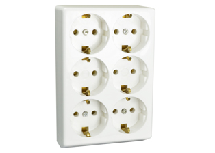 EUROPEAN SCHUKO 16A-250V SURFACE MOUNT SIX OUTLET, IP20, CEE 7/3 TYPE F OUTLET, 2 POLE-3 WIRE GROUNDING (2P+E). WHITE.

<br><font color="yellow">Notes: </font> 
<br><font color="yellow">*</font> Outlet has cord grip / strain relief for extension cord applications. Requires European 16A-250V power cord.</font> <a href="https://internationalconfig.com/icc6.asp?item=81070" style="text-decoration: none">Power Cords Link</a>
<br><font color="yellow">*</font> Surface mount applications require fixing centers. View print for details.
<br><font color="yellow">*</font> Temperature Range: -5C to +40C.
<br><font color="yellow">*</font> Material: Cover = Polypropylene, Base = Urea Resin
<br> <font color="yellow">*</font> Screw Torque: L + N + E Terminals & Cover = 0.4Nm, Internal Cord Clamp = 0.8Nm.  
<br><font color="yellow">*</font> European Schuko connectors, plugs, inlets, outlets, GFCI/RCD sockets, power strips, power cords, plug adapters listed below. Scroll down to view.