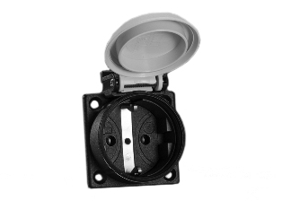 EUROPEAN SCHUKO CEE 7/3 (EU1-16R) 16 AMPERE-250 VOLT WEATHERPROOF PANEL OR WALL BOX MOUNT POWER OUTLET WITH GASKET, IP54 COVER CLOSED, IP20 COVER OPEN, 2 POLE-3 WIRE GROUNDING (2P+E), DIN 49440. BLACK BASE, GRAY FLIP LID COVER. 

<br><font color="yellow">Notes: </font> 
<br><font color="yellow">*</font> Temp. range = -25�C to +40�C.
<br><font color="yellow">*</font> Stainless steel wall plates #97120-BZ and #97120-DBZ mounts outlet onto standard American 2x4 and 4x4 wall boxes.
<br><font color="yellow">*</font> For surface mount applications use #70125 wall box.
<br><font color="yellow">*</font> For DIN rail mount use #70125-DIN bracket with #70125 wall box.
<br><font color="yellow">*</font> Optional panel mount terminal shield #70127 available.
<br><font color="yellow">*</font> European Schuko "locking" outlet #70300 available. Prevents accidental disconnects.
<br><font color="yellow">*</font> International / Worldwide panel mount power outlets for all countries are listed below in related products. Scroll down to view.
<BR> Scroll down to view.