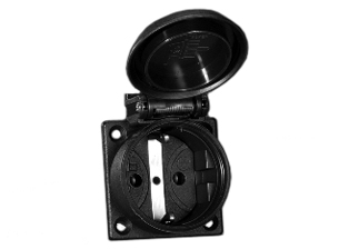 EUROPEAN SCHUKO CEE 7/3 (EU1-16R) 16 AMPERE-250 VOLT WEATHERPROOF PANEL OR WALL BOX MOUNT POWER OUTLET WITH GASKET, IP54 COVER CLOSED, IP20 COVER OPEN, 2 POLE-3 WIRE GROUNDING (2P+E), DIN 49440. BLACK. 

<br><font color="yellow">Notes: </font> 
<br><font color="yellow">*</font> Temp. range = -25�C to +40�C.
<br><font color="yellow">*</font> Stainless steel wall plates #97120-BZ and #97120-DBZ mounts outlet onto standard American 2x4 and 4x4 wall boxes.
<br><font color="yellow">*</font> For surface mount applications use #70125 wall box.
<br><font color="yellow">*</font> For DIN rail mount use #70125-DIN bracket with #70125 wall box.
<br><font color="yellow">*</font> Optional panel mount terminal shield #70127 available.
<br><font color="yellow">*</font> European Schuko "locking" outlet #70300 available. Prevents accidental disconnects.
<br><font color="yellow">*</font> International / Worldwide panel mount power outlets for all countries are listed below in related products. Scroll down to view.