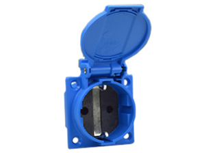EUROPEAN "SCHUKO" CEE 7/3 (EU1-16R) 16 AMPERE-250 VOLT WEATHERPROOF PANEL OR WALL BOX MOUNT POWER OUTLET WITH GASKET, (IP54 COVER CLOSED, IP20 COVER OPEN), "SHUTTERED CONTACTS", 2 POLE-3 WIRE GROUNDING (2P+E). BLUE. 

<br><font color="yellow">Notes: </font> 
<br><font color="yellow">*</font> Temp. range = -25�C to +40�C.
<br><font color="yellow">*</font> Stainless steel wall plates #97120-BZ and #97120-DBZ mounts outlet onto standard American 2x4 and 4x4 wall boxes.
<br><font color="yellow">*</font> For surface mount applications use #70125 wall box.
<br><font color="yellow">*</font> For DIN rail mount use #70125-DIN bracket with #70125 wall box.
<br><font color="yellow">*</font> Optional panel mount terminal shield #70127 available.
<br><font color="yellow">*</font> European Schuko "locking" outlet #70300 available. Prevents accidental disconnects.
<br><font color="yellow">*</font> International / Worldwide panel mount power outlets for all countries are listed below in related products. Scroll down to view.