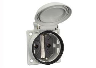 EUROPEAN SCHUKO CEE 7/3 16 AMPERE-250 VOLT IP54 RATED (COVER CLOSED) WEATHERPROOF OUTLET WITH GASKET, (EU1-16R), PANEL OR WALL BOX MOUNT, 2 POLE-3 WIRE GROUNDING (2P+E). GRAY.

<br><font color="yellow">Notes: </font> 
<br><font color="yellow">*</font> Temp. range = -25�C to +40�C.
<br><font color="yellow">*</font> Stainless steel wall plates #97120-BZ and #97120-DBZ mounts outlet onto standard American 2x4 and 4x4 wall boxes.
<br><font color="yellow">*</font> For surface mount applications use #70125 wall box.
<br><font color="yellow">*</font> For DIN rail mount use #70125-DIN bracket with #70125 wall box.
<br><font color="yellow">*</font> Optional panel mount terminal shield #70127 available.
<br><font color="yellow">*</font> Use plug #70150-N (IP54 rated) with IP54 rated outlets.
<br><font color="yellow">*</font> European Schuko "locking" outlet #70300 available. Prevents accidental disconnects.
<br><font color="yellow">*</font> International / Worldwide panel mount power outlets for all countries are listed below in related products. Scroll down to view.
