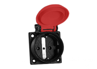 EUROPE, EUROPEAN SCHUKO CEE 7/3 16 AMPERE-250 VOLT IP54 RATED (COVER CLOSED) WEATHERPROOF OUTLET WITH GASKET, (EU1-16R), PANEL OR WALL BOX MOUNT, 2 POLE-3 WIRE GROUNDING (2P+E). BLACK WITH RED COVER. 

<br><font color="yellow">Notes: </font> 
<br><font color="yellow">*</font> Temp. range = -25�C to +40�C.
<br><font color="yellow">*</font> Stainless steel wall plates #97120-BZ and #97120-DBZ mounts outlet onto standard American 2x4 and 4x4 wall boxes.
<br><font color="yellow">*</font> For surface mount applications use #70125 wall box.
<br><font color="yellow">*</font> For DIN rail mount use #70125-DIN bracket with #70125 wall box.
<br><font color="yellow">*</font> Optional panel mount terminal shield #70127 available.
<br><font color="yellow">*</font> Use plug #70150-N (IP54 rated) with IP54 rated outlets.
<br><font color="yellow">*</font> European Schuko "locking" outlet #70300 available. Prevents accidental disconnects.
<br><font color="yellow">*</font> International / Worldwide panel mount power outlets for all countries are listed below in related products. Scroll down to view.