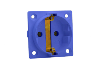 EUROPEAN "SCHUKO" 16 AMPERE-250 VOLT CEE 7/3 TYPE F OUTLET (EU1-16R), 50mmX50mm SIZE, PANEL MOUNT OR WALL BOX MOUNT, 2 POLE-3 WIRE GROUNDING (2P+E), IMPACT RESISTANT NYLON. BLUE.

<br><font color="yellow">Notes: </font> 
<br><font color="yellow">*</font> Terminal screw torque = 0.5Nm.
<br><font color="yellow">*</font> Stainless steel wall plates #97120-BZ and #97120-DBZ mounts outlet onto standard American 2x4 and 4x4 wall boxes.
<br><font color="yellow">*</font> Optional panel mount terminal shield #70127 available.
<br><font color="yellow">*</font> European Schuko "locking" outlet #70300 available. Prevents accidental disconnects.
<br><font color="yellow">*</font> International / Worldwide panel mount power outlets for all countries are listed below in related products. Scroll down to view.