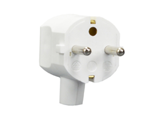 EUROPEAN SCHUKO PLUG, 16 AMPERE-250 VOLT, IP20, CEE 7/7 TYPE E, F PLUG (EU1-16P), 4.8mm DIA. PINS, REWIREABLE DOWN ANGLE PLUG, 2 POLE-3 WIRE GROUNDING (2P+E), MAX. CORD O.D. = 10mm (0.394"), PA6 NYLON. WHITE.

<br><font color="yellow">Notes: </font> 
<br><font color="yellow">*</font> Terminal torque: L/N = 0.4Nm, PE (Earth) = 0.6Nm.
<br><font color="yellow">*</font> Conductor strip length: L/N = 25mm, PE (Earth) = 40mm.
<br><font color="yellow">*</font> Nylon (PA)Temp. rating = -40�C to +75�C. 
 <br><font color="yellow">*</font> VDE Minimum Temp. rating = -5�C to +35�C. 
 <br><font color="yellow">*</font> Schuko plugs, outlets, In-line connectors, PDU socket strips, power cords, adapters are listed below in related products. Scroll down to view.