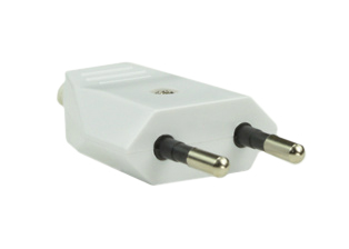 EUROPEAN, INTERNATIONAL, S. AFRICA 2.5 AMPERE 250 VOLT "EUROPLUG", TYPE C, 4.0 mm DIA. PINS, CEE 7/16, CEI 23-16, SANS 164-5, 2 POLE-2 WIRE (2P), SCREW TERMINALS, MAX. CORD O.D. = 0.300", ACCEPTS ROUND OR FLAT CORD, INTERNAL & EXTERNAL STRAIN RELIEFS. WHITE. 
