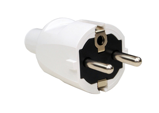 EUROPEAN SCHUKO, GERMANY, FRANCE, BELGIUM, RUSSIA 16 AMPERE-250 VOLT CEE 7/7 (EU1-16P) TYPE E, F PLUG, 4.8mm DIA. PINS, IP20 RATED, 2 POLE-3 WIRE GROUNDING (2P+E), IMPACT RESISTANT, O.D. CORD GRIP = 10.4mm (0.409"). WHITE.  

<br><font color="yellow">Notes: </font> 
<br><font color="yellow">*</font> Terminals accept 0.75mm-1.5mm conductors. 
<br><font color="yellow">*</font> Screw torques: Terminals = 0.5Nm-0.8Nm., Strain relief = 0.5Nm, Housing = 0.5Nm.
<br><font color="yellow">*</font> Operating temp. = -15�C to +35�C.
<br><font color="yellow">*</font> Storage temp. = -15�C to +60�C.
<br><font color="yellow">*</font> Materials = PVC, PA.
<br><font color="yellow">*</font> Schuko plugs, outlets, In-line connectors, PDU socket strips, power cords, adapters are listed below in related products. Scroll down to view.
