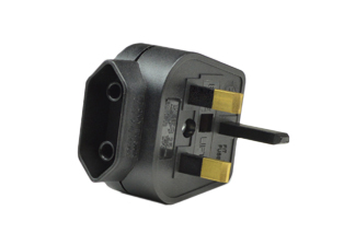 BRITISH, UK, UNITED KINGDOM 3 AMPERE-250 VOLT <font color="yellow"> TYPE G </font> PLUG ADAPTER. CONNECTS EUROPEAN CEE 7/16 "EUROPLUGS" WITH BRITISH, UK, UNITED KINGDOM BS 1363A (UK1-13R) OUTLETS, FUSED 3 AMPERE. BLACK.

<br><font color="yellow">Notes: </font> 
<br><font color="yellow">*</font> Europlug plug when inserted into #70155-BLK is a permanent connection and cannot be removed.
<br><font color="yellow">*</font> Non-grounding (2 pole-2 wire).
<br><font color="yellow">*</font> Material: Polyamide 6.
<br><font color="yellow">*</font> View related products list below for country specific plug adapters & universal European, international, worldwide plug adapters for all Countries.