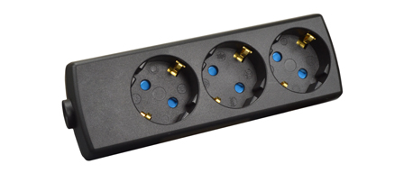 EUROPEAN SCHUKO CONNECTOR, 16 AMPERE-250 VOLT TYPE F CEE 7/3 (EU1-16R) POWER STRIP / REWIREABLE IN-LINE CONNECTOR, THREE <font color=ORANGE>(45� ANGLE)</font> OUTLETS, SHUTTERED CONTACTS, IP20 RATED, 2 POLE-3 WIRE GROUNDING (2P+E), NYLON. BLACK.

<br> <font color="yellow">Notes: </font>
<br> <font color="yellow">*</font> View print for power supply cords or use 1.5mm� cordage. Max. O.D. = 10mm (0.394").
<br><font color="yellow">*</font> Select a European 16A-250V power cord.</font> <a href="https://internationalconfig.com/icc6.asp?item=81070" style="text-decoration: none">Power Cords Link</a>
<br> <font color="yellow">*</font> ROJ from cable, Strip three conductors 80mm (3.15").  
<br> <font color="yellow">*</font> Screw Torque: L + N Terminals = 0.4Nm, PE "Earth" = 0.6Nm, Cord Clamp = 0.6Nm. 
<br> <font color="yellow">*</font> Temp. Range: Nylon (PA) Temp. rating = -40�C to +75�C., VDE Minimum Temp. rating = -5�C to +35�C. 
<br> <font color="yellow">*</font> European Schuko plugs, outlets, power cords, GFCI/RCD outlets, power strips, adapters listed below. Scroll down to view.