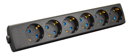 EUROPEAN SCHUKO 16 AMPERE-250 VOLT TYPE F CEE 7/3 (EU1-16R) POWER STRIP / IN-LINE CONNECTOR (REWIREABLE), SIX <font color=ORANGE>(45� ANGLE)</font> OUTLETS, SHUTTERED CONTACTS, IP20 RATED, 2 POLE-3 WIRE GRPUNDING (2P+E), NYLON. BLACK.

<br> <font color="yellow">Notes: </font>
<br> <font color="yellow">*</font> View print for power supply cords or use 1.5mm� cordage. Max. O.D. = 10mm (0.394").
<br><font color="yellow">*</font> Select a European 16A-250V power cord.</font> <a href="https://internationalconfig.com/icc6.asp?item=81070" style="text-decoration: none">Power Cords Link</a>
<br> <font color="yellow">*</font> ROJ from cable, Strip three conductors 80mm (3.15").  
<br> <font color="yellow">*</font> Screw Torque: L + N Terminals = 0.4Nm, PE "Earth" = 0.6Nm, Cord Clamp = 0.6Nm. 
<br> <font color="yellow">*</font> Temp. Range: Nylon (PA) Temp. rating = -40�C to +75�C., VDE Minimum Temp. rating = -5�C to +35�C. 
<br> <font color="yellow">*</font> European Schuko plugs, outlets, power cords, GFCI/RCD outlets, power strips, adapters listed below. Scroll down to view.