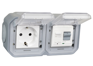 EUROPEAN SCHUKO 16 AMPERE-230 VOLT CEE 7/3 <font color="yellow">GFCI (RCBO/RCD)</font> (EU1-16R) OUTLET, 50/60 Hz, <font color="yellow">(10mA TRIP)</font>, HORIZONTAL SURFACE MOUNT, IP55 RATED WEATHERPROOF BOX AND COVER (GLAND TYPE CABLE ENTRY), 2 POLE-3 WIRE GROUNDING (2P+E). GRAY.    <BR><font color="yellow">Notes:</font>  
<BR><font color="yellow">*</font> View technical data drawing for installation and connection components.   



<BR><font color="yellow">*</font> Downstream outlets can be protected. Use on single phase 230 volt circuits only.
  
<BR><font color="yellow">*</font> Latched RCD, No reset after power failure. RCBO (single pole + neutral) provides over current protection.  <BR><font color="yellow">*</font> Screw terminal torque = 0.08Nm. Operating temp. = -5C to +40C.   <BR><font color="yellow">*</font> Weatherproof IP66 rated outlets listed below. Scroll down to view.  <BR> <font color="yellow">*</font> Not for use on life support, medical equipment, refrigeration equipment.     <BR><font color="yellow">*</font> GFCI (RCBO/RCD) outlets are available for all countries. Contact us.      