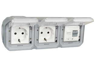 EUROPEAN SCHUKO 16 AMPERE-230 VOLT CEE 7/3 <font color="yellow">GFCI (RCBO/RCD)</font> DUPLEX OUTLET, TYPE F (EU1-16R), 50/60 Hz, <font color="yellow">(10mA TRIP)</font>, HORIZONTAL SURFACE MOUNT, IP55 RATED WEATHERPROOF BOX AND COVER (GLAND TYPE CABLE ENTRY), 2 POLE-3 WIRE GROUNDING (2P+E). GRAY.    <BR><font color="yellow">Notes:</font>  
<BR><font color="yellow">*</font> View technical data drawing for installation and connection components. 

<BR><font color="yellow">*</font> Downstream outlets can be protected. Use on single phase 230 volt circuits only.  <BR><font color="yellow">*</font> Latched RCD, No reset after power failure. RCBO (single pole + neutral) provides over current protection.  <BR><font color="yellow">*</font> Screw terminal torque = 0.08Nm. Operating temp. = -5C to +40C.   <BR><font color="yellow">*</font> Weatherproof IP66 rated outlets listed below. Scroll down to view.  <BR> <font color="yellow">*</font> Not for use on life support, medical equipment, refrigeration equipment.     <BR><font color="yellow">*</font> GFCI (RCBO/RCD) outlets are available for all countries. Contact us.    