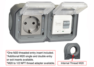 EUROPEAN SCHUKO 16 AMPERE-230 VOLT CEE 7/3 <font color="yellow">GFCI (RCBO/RCD)</font> OUTLET, TYPE F (EU1-16R), 50/60 Hz, <font color="yellow">(10mA TRIP)</font>, IP55 RATED WEATHERPROOF BOX AND COVER, M20 CABLE ENTRY HUBS (**), HORIZONTAL SURFACE MOUNT, 2 POLE-3 WIRE GROUNDING (2P+E). COLOR BLACK ANTHRACITE.      <BR><font color="yellow">Notes:</font>  
<BR><font color="yellow">*</font> View technical data drawing for installation and connection components. 
<BR><font color="yellow">**</font> M20 adapter #01614 available. Converts M20 to 1/2 inch National Pipe Thread (NPT).   <BR><font color="yellow">*</font> Downstream outlets can be protected. Use on single phase 230 volt circuits only.  <BR><font color="yellow">*</font> Latched RCD, No reset after power failure. RCBO (single pole + neutral) provides over current protection.  <BR><font color="yellow">*</font> Screw terminal torque = 0.08Nm. Operating temp. = -5C to +40C.   <BR><font color="yellow">*</font> Weatherproof IP66 rated outlets listed below. Scroll down to view.  <BR> <font color="yellow">*</font> Not for use on life support, medical equipment, refrigeration equipment.    <BR><font color="yellow">*</font> GFCI (RCBO/RCD) outlets are available for all countries. Contact us.      