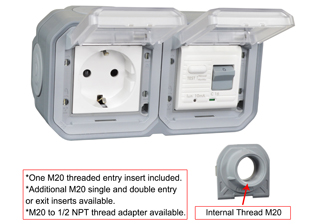 EUROPEAN SCHUKO 16 AMPERE-230 VOLT CEE 7/3 <font color="yellow">GFCI (RCBO/RCD)</font> OUTLET, TYPE F (EU1-16R), 50/60 Hz, <font color="yellow">(10mA TRIP)</font>, IP55 RATED WEATHERPROOF BOX AND COVER, M20 CABLE ENTRY HUBS (**), HORIZONTAL SURFACE MOUNT, 2 POLE-3 WIRE GROUNDING (2P+E). GRAY.      <BR><font color="yellow">Notes:</font>  
<BR><font color="yellow">*</font> View technical data drawing for installation and connection components. 
<BR><font color="yellow">**</font> M20 adapter #01614 available. Converts M20 to 1/2 inch National Pipe Thread (NPT).   <BR><font color="yellow">*</font> Downstream outlets can be protected. Use on single phase 230 volt circuits only.  <BR><font color="yellow">*</font> Latched RCD, No reset after power failure. RCBO (single pole + neutral) provides over current protection.  <BR><font color="yellow">*</font> Screw terminal torque = 0.08Nm. Operating temp. = -5C to +40C.   <BR><font color="yellow">*</font> Weatherproof IP66 rated outlets listed below. Scroll down to view.  <BR> <font color="yellow">*</font> Not for use on life support, medical equipment, refrigeration equipment.    <BR><font color="yellow">*</font> GFCI (RCBO/RCD) outlets are available for all countries. Contact us.      