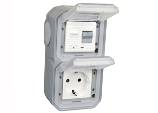 EUROPEAN SCHUKO 16 AMPERE-230 VOLT CEE 7/3 <font color="yellow">GFCI (RCBO/RCD)</font> OUTLET, TYPE F (EU1-16R), 50/60 Hz, <font color="yellow">(10mA TRIP)</font>, IP55 RATED WEATHERPROOF BOX AND COVER (GLAND TYPE CABLE ENTRY), VERTICAL SURFACE MOUNT, 2 POLE-3 WIRE GROUNDING (2P+E). GRAY.      <BR><font color="yellow">Notes:</font>  
<BR><font color="yellow">*</font> View technical data drawing for installation and connection components. 
<BR><font color="yellow">*</font> Downstream outlets can be protected. Use on single phase 230 volt circuits only.  <BR><font color="yellow">*</font> Latched RCD, No reset after power failure. RCBO (single pole + neutral) provides over current protection.  <BR><font color="yellow">*</font> Screw terminal torque = 0.08Nm. Operating temp. = -5C to +40C.   <BR><font color="yellow">*</font> Weatherproof IP66 rated outlets listed below. Scroll down to view.  <BR><font color="yellow">*</font> Not for use on life support, medical equipment, refrigeration equipment.    <BR><font color="yellow">*</font> GFCI (RCBO/RCD) outlets are available for all countries. Contact us.    