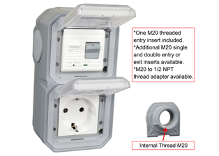 EUROPEAN SCHUKO 16 AMPERE-230 VOLT CEE 7/3 <font color="yellow">GFCI (RCBO/RCD)</font> OUTLET, TYPE F (EU1-16R), 50/60 Hz, <font color="yellow">(10mA TRIP)</font>, IP55 RATED WEATHERPROOF BOX AND COVER, M20 CABLE ENTRY HUBS (**), VERTICAL SURFACE MOUNT, 2 POLE-3 WIRE GROUNDING (2P+E). GRAY.      <BR><font color="yellow">Notes:</font>  
<BR><font color="yellow">*</font> View technical data drawing for installation and connection components.
<BR><font color="yellow">**</font> M20 adapter #01614 available. Converts M20 to 1/2 inch National Pipe Thread (NPT).   <BR><font color="yellow">*</font> Downstream outlets can be protected. Use on single phase 230 volt circuits only.  <BR><font color="yellow">*</font> Latched RCD, No reset after power failure. RCBO (single pole + neutral) provides over current protection.  <BR><font color="yellow">*</font> Screw terminal torque = 0.08Nm. Operating temp. = -5C to +40C.   <BR><font color="yellow">*</font> Weatherproof IP66 rated outlets listed below. Scroll down to view.  <BR><font color="yellow">*</font> Not for use on life support, medical equipment, refrigeration equipment.    <BR><font color="yellow">*</font> GFCI (RCBO/RCD) outlets are available for all countries. Contact us.    