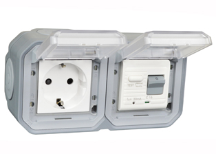 EUROPEAN SCHUKO 16 AMPERE-230 VOLT CEE 7/3 <font color="yellow">GFCI (RCBO/RCD)</font> (EU1-16R) OUTLET, 50/60 Hz, <font color="yellow">(30mA TRIP)</font>, HORIZONTAL SURFACE MOUNT, IP55 RATED WEATHERPROOF BOX AND COVER (GLAND TYPE CABLE ENTRY), 2 POLE-3 WIRE GROUNDING (2P+E). GRAY.    <BR><font color="yellow">Notes:</font>  

<BR><font color="yellow">*</font> View technical data drawing for installation and connection components. 

<BR><font color="yellow">*</font> Downstream outlets can be protected. Use on single phase 230 volt circuits only.  <BR><font color="yellow">*</font> Latched RCD, No reset after power failure. RCBO (single pole + neutral) provides over current protection.  <BR><font color="yellow">*</font> Screw terminal torque = 0.08Nm. Operating temp. = -5C to +40C.   <BR><font color="yellow">*</font> Weatherproof IP66 rated outlets listed below. Scroll down to view.  <BR> <font color="yellow">*</font> Not for use on life support, medical equipment, refrigeration equipment.     <BR><font color="yellow">*</font> GFCI (RCBO/RCD) outlets are available for all countries. Contact us.    