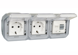 EUROPEAN SCHUKO 16 AMPERE-230 VOLT CEE 7/3 <font color="yellow">GFCI (RCBO/RCD)</font> DUPLEX OUTLET, TYPE F (EU1-16R), 50/60 Hz, <font color="yellow">(30mA TRIP)</font>, HORIZONTAL SURFACE MOUNT, IP55 RATED WEATHERPROOF BOX AND COVER (GLAND TYPE CABLE ENTRY), 2 POLE-3 WIRE GROUNDING (2P+E). GRAY.    <BR><font color="yellow">Notes:</font>  
<BR><font color="yellow">*</font> View technical data drawing for installation and connection components. 
<BR><font color="yellow">*</font> Downstream outlets can be protected. Use on single phase 230 volt circuits only.  <BR><font color="yellow">*</font> Latched RCD, No reset after power failure. RCBO (single pole + neutral) provides over current protection.  <BR><font color="yellow">*</font> Screw terminal torque = 0.08Nm. Operating temp. = -5C to +40C.   <BR><font color="yellow">*</font> Weatherproof IP66 rated outlets listed below. Scroll down to view.  <BR> <font color="yellow">*</font> Not for use on life support, medical equipment, refrigeration equipment.    <BR><font color="yellow">*</font> GFCI (RCBO/RCD) outlets are available for all countries. Contact us.    