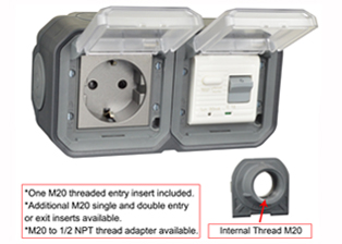 EUROPEAN SCHUKO 16 AMPERE-230 VOLT CEE 7/3 <font color="yellow">GFCI (RCBO/RCD)</font> OUTLET, TYPE F (EU1-16R), 50/60 Hz, <font color="yellow">(30mA TRIP)</font>, IP55 RATED WEATHERPROOF BOX AND COVER, M20 CABLE ENTRY HUBS (**), HORIZONTAL SURFACE MOUNT, 2 POLE-3 WIRE GROUNDING (2P+E). COLOR BLACK ANTHRACITE.      <BR><font color="yellow">Notes:</font>  
<BR><font color="yellow">*</font> View technical data drawing for installation and connection components.
<BR><font color="yellow">**</font>  M20 adapter #01614 available. Converts M20 to 1/2 inch National Pipe Thread (NPT).   <BR><font color="yellow">*</font> Downstream outlets can be protected. Use on single phase 230 volt circuits only.  <BR><font color="yellow">*</font> Latched RCD, No reset after power failure. RCBO (single pole + neutral) provides over current protection.  <BR><font color="yellow">*</font> Screw terminal torque = 0.08Nm. Operating temp. = -5C to +40C.   <BR><font color="yellow">*</font> Weatherproof IP66 rated outlets listed below. Scroll down to view.  <BR> <font color="yellow">*</font> Not for use on life support, medical equipment, refrigeration equipment.    <BR><font color="yellow">*</font> GFCI (RCBO/RCD) outlets are available for all countries. Contact us.    