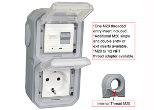 EUROPEAN SCHUKO 16 AMPERE-230 VOLT CEE 7/3 <font color="yellow">GFCI (RCBO/RCD)</font> OUTLET, TYPE F (EU1-16R), 50/60 Hz, <font color="yellow">(30mA TRIP)</font>, IP55 RATED WEATHERPROOF BOX AND COVER, M20 CABLE ENTRY HUBS (**), VERTICAL SURFACE MOUNT, 2 POLE-3 WIRE GROUNDING (2P+E). GRAY.      <BR><font color="yellow">Notes:</font>  
<BR><font color="yellow">*</font> View technical data drawing for installation and connection components.
<BR><font color="yellow">**</font> M20 adapter #01614 available. Converts M20 to 1/2 inch National Pipe Thread (NPT).   <BR><font color="yellow">*</font> Downstream outlets can be protected. Use on single phase 230 volt circuits only.  <BR><font color="yellow">*</font> Latched RCD, No reset after power failure. RCBO (single pole + neutral) provides over current protection.  <BR><font color="yellow">*</font> Screw terminal torque = 0.08Nm. Operating temp. = -5C to +40C.   <BR><font color="yellow">*</font> Weatherproof IP66 rated outlets listed below. Scroll down to view.  <BR><font color="yellow">*</font> Not for use on life support, medical equipment, refrigeration equipment.    <BR><font color="yellow">*</font> GFCI (RCBO/RCD) outlets are available for all countries. Contact us.    