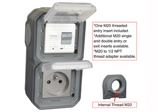FRANCE, BELGIUM <font color="yellow">GFCI (RCBO/RCD)</font> 16 AMPERE-230 VOLT OUTLET, CEE 7/5 TYPE E (FR1-16R), 50/60 Hz, <font color="yellow">(10mA TRIP)</font>, VERTICAL SURFACE MOUNT, IP55 RATED WEATHERPROOF BOX AND COVER, M20 CABLE ENTRY HUBS <font color="yellow"> (**) </font>, 2 POLE-3 WIRE GROUNDING (2P+E). COLOR BLACK ANTHRACITE.    <BR><font color="yellow">Notes:</font>  <BR><font color="yellow">*</font> Downstream outlets can be protected. Use on single phase 230 volt circuits only.  <BR><font color="yellow">*</font> Latched RCD, No reset after power failure. RCBO (single pole + neutral) provides over current protection.  <BR><font color="yellow">*</font> Screw terminal torque = 0.08Nm.   <BR><font color="yellow">*</font> Operating temp. = -5C to +40C.   <BR><font color="yellow">*</font> Not for use on life support, medical equipment, refrigeration equipment.    <BR><font color="yellow">**</font> <font color="Orange"> M20 "Hub Entry" designs and IP66 rated versions available.</font> GFCI (RCBO/RCD) Outlets are available for all countries.