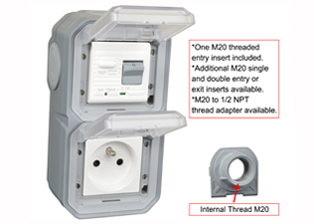 FRANCE, BELGIUM <font color="yellow">GFCI (RCBO/RCD)</font> 16 AMPERE-230 VOLT OUTLET, CEE 7/5 TYPE E (FR1-16R), 50/60 Hz, <font color="yellow">(10mA TRIP)</font>, VERTICAL SURFACE MOUNT, IP55 RATED WEATHERPROOF BOX AND COVER, M20 CABLE ENTRY HUBS <font color="yellow"> (**) </font>, 2 POLE-3 WIRE GROUNDING (2P+E). GRAY.    <BR><font color="yellow">Notes:</font>  <BR><font color="yellow">*</font> Downstream outlets can be protected. Use on single phase 230 volt circuits only.  <BR><font color="yellow">*</font> Latched RCD, No reset after power failure. RCBO (single pole + neutral) provides over current protection.  <BR><font color="yellow">*</font> Screw terminal torque = 0.08Nm.   <BR><font color="yellow">*</font> Operating temp. = -5C to +40C.   <BR><font color="yellow">*</font> Not for use on life support, medical equipment, refrigeration equipment.    <BR><font color="yellow">**</font> <font color="Orange"> M20 "Hub Entry" designs and IP66 rated versions available.</font> GFCI (RCBO/RCD) Outlets are available for all countries.