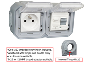FRANCE, BELGIUM <font color="yellow">GFCI (RCBO/RCD)</font> 16 AMPERE-230 VOLT OUTLET, CEE 7/5 TYPE E (FR1-16R), 50/60 Hz, <font color="yellow">(30mA TRIP)</font>, HORIZONTAL SURFACE MOUNT, IP55 RATED WEATHERPROOF BOX AND COVER, M20 CABLE ENTRY HUBS <font color="yellow"> (**) </font>, 2 POLE-3 WIRE GROUNDING (2P+E). GRAY.    <BR><font color="yellow">Notes:</font>  <BR><font color="yellow">*</font> Downstream outlets can be protected. Use on single phase 230 volt circuits only.  <BR><font color="yellow">*</font> Latched RCD, No reset after power failure. RCBO (single pole + neutral) provides over current protection.  <BR><font color="yellow">*</font> Screw terminal torque = 0.08Nm.   <BR><font color="yellow">*</font> Operating temp. = -5C to +40C.   <BR><font color="yellow">*</font> Not for use on life support, medical equipment, refrigeration equipment.    <BR><font color="yellow">**</font> <font color="Orange"> M20 "Hub Entry" designs and IP66 rated versions available.</font> GFCI (RCBO/RCD) Outlets are available for all countries.
