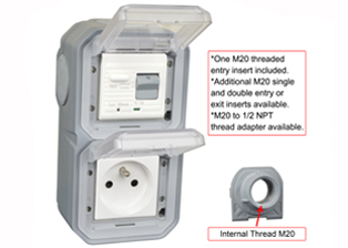 FRANCE, BELGIUM <font color="yellow">GFCI (RCBO/RCD)</font> 16 AMPERE-230 VOLT OUTLET, CEE 7/5 TYPE E (FR1-16R), 50/60 Hz, <font color="yellow">(30mA TRIP)</font>, VERTICAL SURFACE MOUNT, IP55 RATED WEATHERPROOF BOX AND COVER, M20 CABLE ENTRY HUBS <font color="yellow"> (**) </font>, 2 POLE-3 WIRE GROUNDING (2P+E). GRAY.    <BR><font color="yellow">Notes:</font>  <BR><font color="yellow">*</font> Downstream outlets can be protected. Use on single phase 230 volt circuits only.  <BR><font color="yellow">*</font> Latched RCD, No reset after power failure. RCBO (single pole + neutral) provides over current protection.  <BR><font color="yellow">*</font> Screw terminal torque = 0.08Nm.   <BR><font color="yellow">*</font> Operating temp. = -5C to +40C.   <BR><font color="yellow">*</font> Not for use on life support, medical equipment, refrigeration equipment.    <BR><font color="yellow">**</font> <font color="Orange"> M20 "Hub Entry" designs and IP66 rated versions available.</font> GFCI (RCBO/RCD) Outlets are available for all countries.