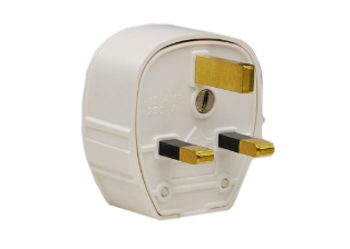 UK, BRITISH, UNITED KINGDOM 13 AMPERE-250 VOLT "IMPACT RESISTANT" INDUSTRIAL GRADE ANGLE PLUG (UK1-13P), BS 1363A TYPE G PLUG, 13 AMPERE FUSED, 2 POLE-3 WIRE GROUNDING (2P+E), WHITE. ASTA, "G" MARK APPROVED.

<br><font color="yellow">Notes: </font> 
<br><font color="yellow">*</font> Max. Cord O.D. = 0.433" (11mm). 
<br><font color="yellow">*</font> British, UK  Plugs available with 3A, 5A, 10A, 13A fuses.
<br><font color="yellow">*</font> British, United Kingdom Plugs, Power Cords, Outlets, Power Strips, GFCI-RCD Receptacles, Sockets, Connectors, Extension Cords, Plug Adapters listed below in related products. Scroll down to view.


 