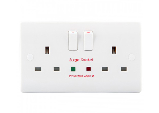 BRITISH, UNITED KINGDOM 13 AMPERE-230 VOLT 50/60HZ, <font color="orange">SURGE PROTECTED</font> DUPLEX OUTLET [86mmX146mm Size], [UK1-13R, TYPE3 SPD], BS1363 / BS5733, TYPE G SOCKETS, SINGLE POLE ON/OFF SWITCHES CONTROL OUTLETS, SHUTTERED CONTACTS, 2 POLE-3 WIRE GROUNDING [2P+E]. WHITE.

<br><font color="yellow">Notes: </font> 
<br><font color="yellow">*</font> Weatherproof Cover available, IP44 Rated # 74790-DX.
<br><font color="yellow">*</font> Weatherproof enclosure available, IP66 Rated # 74790-B2.
<br><font color="yellow">*</font> European wall boxes. # 72355X47D, 72355X35D, 72355X25D, 72355-F, 72365, 72365-RED, 77190-D, series.

<br><font color="yellow">*</font> Protection for sensitive electronic equipment against power surges and spikes.
<br><font color="yellow">*</font> LED Green and Red Circuit Indicators: Red indicates surge protection on. Green indicates valid earth connection.
<br><font color="yellow">*</font> Max clamping voltage 775V (10A), withstanding surge current 2500A.
<br><font color="yellow">*</font> Surge module power rating 0.4w, shock absorption energy 45 Joule.
<br><font color="yellow">*</font> Leakage current ≤50uA, Response time 8/20 μs. Product material: Urea.
 