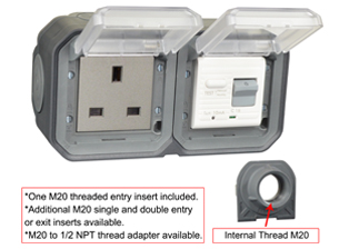 BRITISH, UNITED KINGDOM BS 1363, SAUDIA ARABIA SASO 2203 13 AMPERE-230 VOLT <font color="yellow">GFCI RCBO/RCD</font> OUTLET, TYPE G (UK1-13R, SA1-13R), 50/60 Hz, <font color="yellow"> 10mA TRIP</font>, SHUTTERED CONTACTS, WEATHERPROOF, IP55 RATED, HORIZONTAL SURFACE MOUNT WALL BOX, (<font color="yellow">**</font>) M20 HUB TYPE CABLE ENTRIES, CLEAR LIFT LID COVERS, 2 POLE-3 WIRE GROUNDING (2P+E). COLOR BLACK ANTHRACITE.     <BR><font color="yellow">Notes:</font>  
<BR><font color="yellow">*</font> View technical data drawing for installation and connection components. 
<BR><font color="yellow">**</font> M20 adapter #01614 available. Converts M20 to 1/2 inch National Pipe Thread (NPT).   <BR><font color="yellow">*</font> Downstream outlets can be protected. Use on single phase 230 volt circuits only.  <BR><font color="yellow">*</font> Latched RCD, No reset after power failure. RCBO (single pole + neutral) provides over current protection.  <BR><font color="yellow">*</font> Screw terminal torque = 0.08Nm. Operating temp. = -5C to +40C.   <BR><font color="yellow">*</font> Weatherproof IP66 rated outlets listed below. Scroll down to view.  <BR><font color="yellow">*</font> GFCI RCBO/RCD outlets are available for all countries. Contact us.      