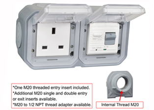 BRITISH, UNITED KINGDOM BS 1363, SAUDIA ARABIA SASO 2203 13 AMPERE-230 VOLT <font color="yellow">GFCI RCBO/RCD</font> OUTLET, TYPE G (UK1-13R, SA1-13R), 50/60 Hz, <font color="yellow"> 10mA TRIP</font>, SHUTTERED CONTACTS, WEATHERPROOF, IP55 RATED, HORIZONTAL SURFACE MOUNT WALL BOX, (<font color="yellow">**</font>) M20 HUB TYPE CABLE ENTRIES, CLEAR LIFT LID COVERS, 2 POLE-3 WIRE GROUNDING (2P+E). GRAY.     <BR><font color="yellow">Notes:</font>  
<BR><font color="yellow">*</font> View technical data drawing for installation and connection components. 

<BR><font color="yellow">**</font> M20 adapter #01614 available. Converts M20 to 1/2 inch National Pipe Thread (NPT).   <BR><font color="yellow">*</font> Downstream outlets can be protected. Use on single phase 230 volt circuits only.  <BR><font color="yellow">*</font> Latched RCD, No reset after power failure. RCBO (single pole + neutral) provides over current protection.  <BR><font color="yellow">*</font> Screw terminal torque = 0.08Nm. Operating temp. = -5C to +40C.   <BR><font color="yellow">*</font> Weatherproof IP66 rated outlets listed below. Scroll down to view.  <BR><font color="yellow">*</font> GFCI RCBO/RCD outlets are available for all countries. Contact us.      