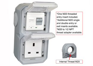 BRITISH, UNITED KINGDOM BS 1363, SAUDIA ARABIA SASO 2203 13 AMPERE-230 VOLT <font color="yellow"> RCBO/RCD</font> OUTLET, TYPE G (UK1-13R, SA1-13R), 50/60 Hz, <font color="yellow"> 10mA TRIP</font>, SHUTTERED CONTACTS, WEATHERPROOF, IP55 RATED, VERTICAL SURFACE MOUNT WALL BOX, (<font color="yellow">**</font>) M20 HUB TYPE CABLE ENTRIES, CLEAR LIFT LID COVERS, 2 POLE-3 WIRE GROUNDING (2P+E). GRAY.     <BR><font color="yellow">Notes:</font>  
<BR><font color="yellow">*</font> View technical data drawing for installation and connection components. 
<BR><font color="yellow">**</font>  M20 adapter #01614 available. Converts M20 to 1/2 inch National Pipe Thread (NPT).   <BR><font color="yellow">*</font> Downstream outlets can be protected. Use on single phase 230 volt circuits only.  <BR><font color="yellow">*</font> Latched RCD, No reset after power failure. RCBO (single pole + neutral) provides over current protection.  <BR><font color="yellow">*</font> Screw terminal torque = 0.08Nm. Operating temp. = -5C to +40C.   <BR><font color="yellow">*</font> Weatherproof IP66 rated outlets listed below. Scroll down to view.  <BR><font color="yellow">*</font> GFCI RCBO/RCD outlets are available for all countries. Contact us.    